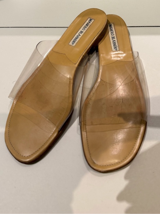 Manolo Blahnik Shoes - Manolo Blahnik Tan Leather Slides with Clear PVC Strap